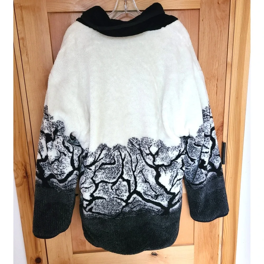Vintage 90s XL Nordic Forest Landscape Reversible Fuzzy Jacket Coat‎ Cottagecore